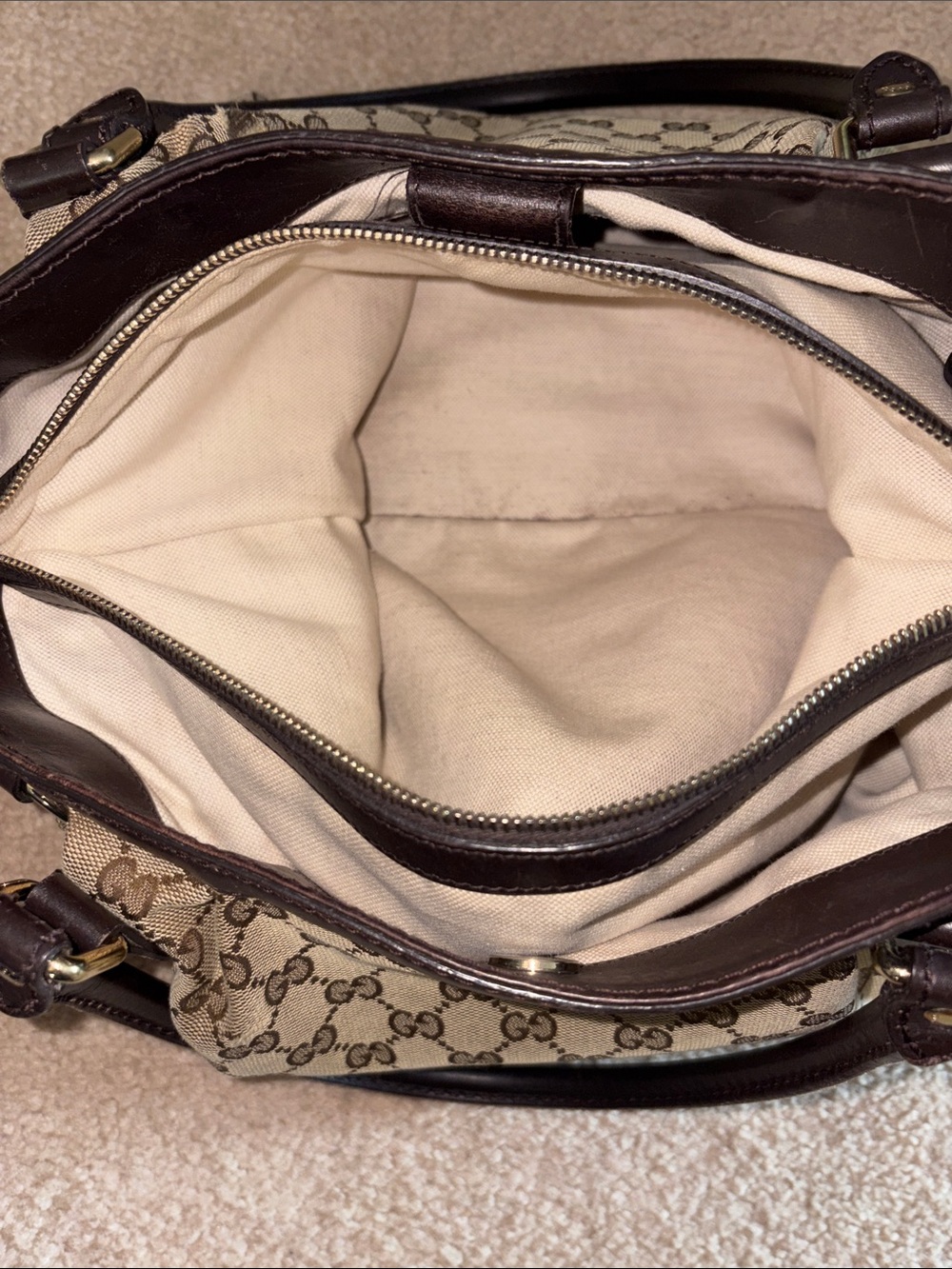 Gucci Beige GG Canvas Shoulder Bag with Brown Trim and Gold Charm - Picture 13 of 15